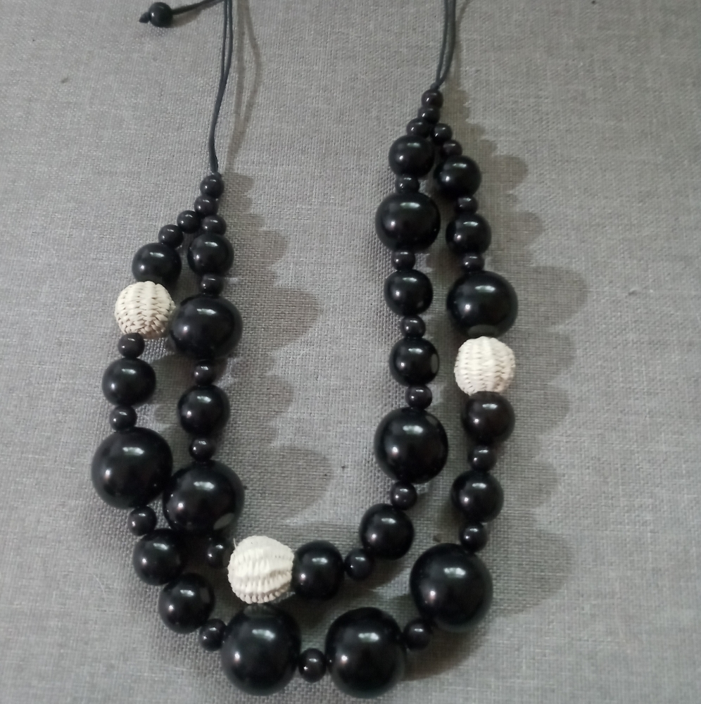Black beads and white cotton beads necklace